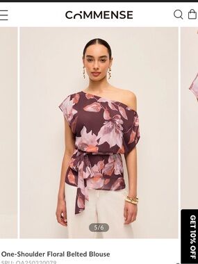 COMMENSE Plum Floral One-Shoulder Belted Blouse